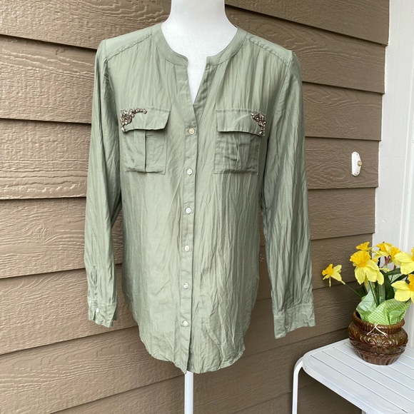 Chicos Size 0( XS)Womens Top Green Silk/Cotton Blend Studded Pockets Long Sleeve - Picture 1 of 14